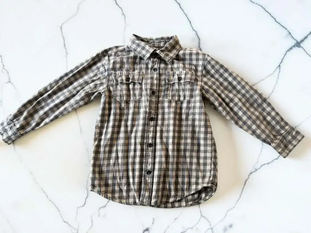 Gymboree Boys Gray and Beige Plaid Long Sleeve Flannel Button-Up Shirt